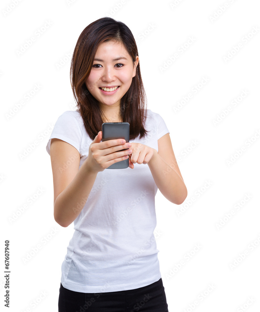 Smiling casual woman use mobile phone Smiling casual woman use mobile phone