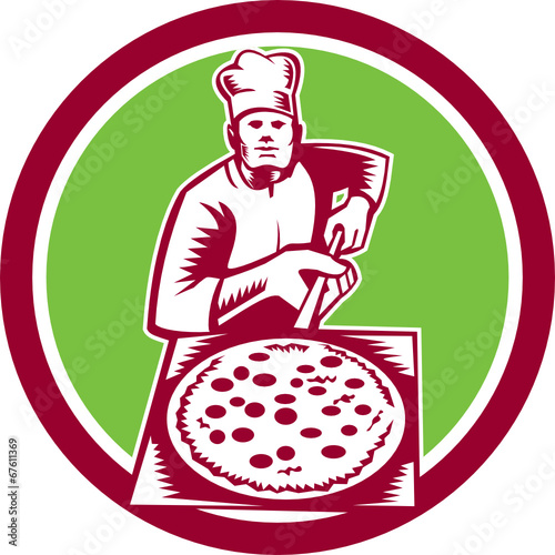 Pizza Maker Holding Pizza Peel Circle Woodcut