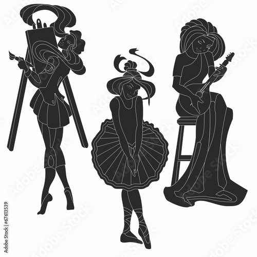 Vector silhouettes of art women. Artist musician ballerina