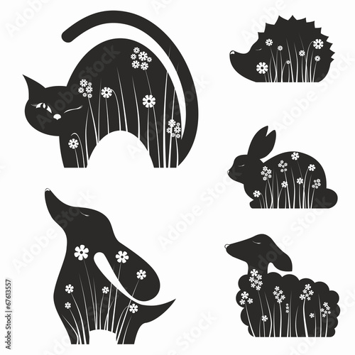 Animals silhouettes with flowers