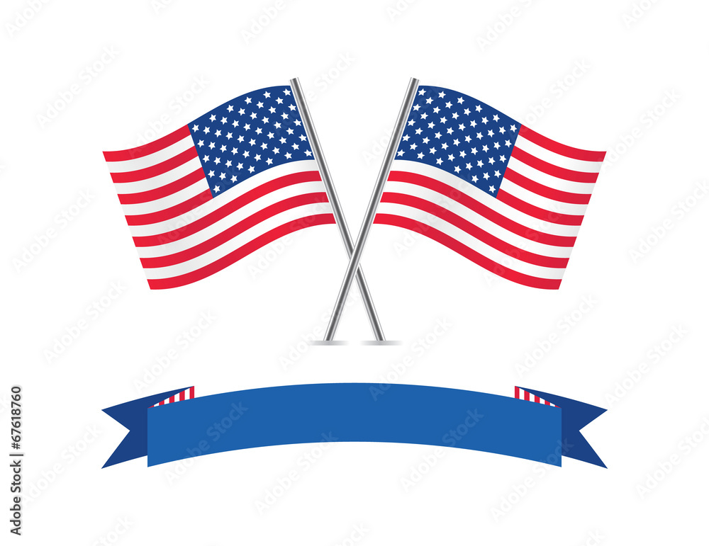 American flags and banner. Vector illustration.