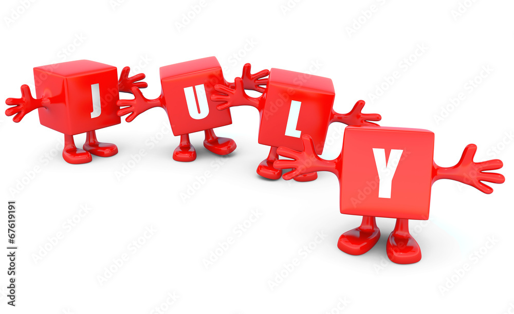 Fototapeta premium July calendar background - happy red cubes with hands up