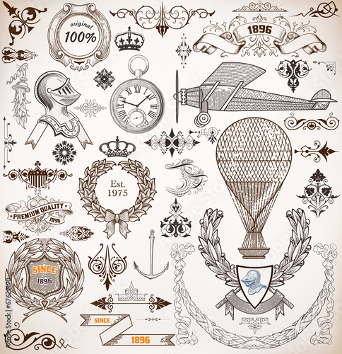 Vector. Set of retro elements: baroque frames, retro labels, tra