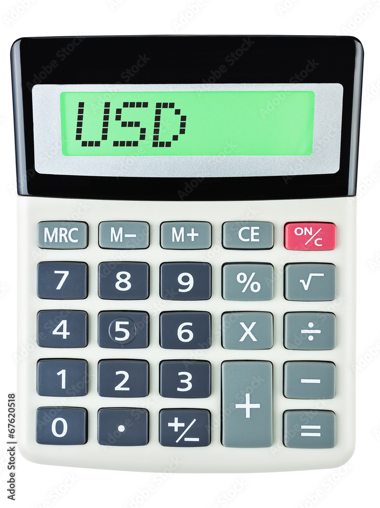 Calculator with USD on display on white background Calculator with USD on display on white background