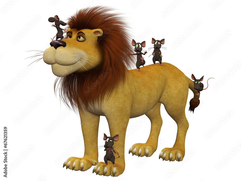 Courage, 3d cartoon mice with a lion Courage, 3d cartoon mice with a lion