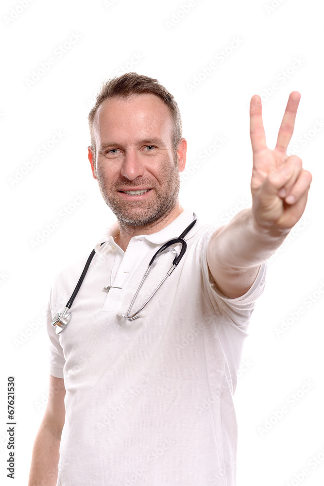 Arzt oder Krankenpfleger macht ein Victory Zeichen Arzt oder Krankenpfleger macht ein Victory Zeichen