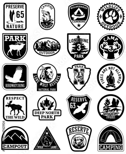Outdoor adventure vector patches in black and white