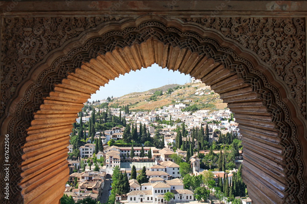 view of Albayzin from window  with arabesque ornament