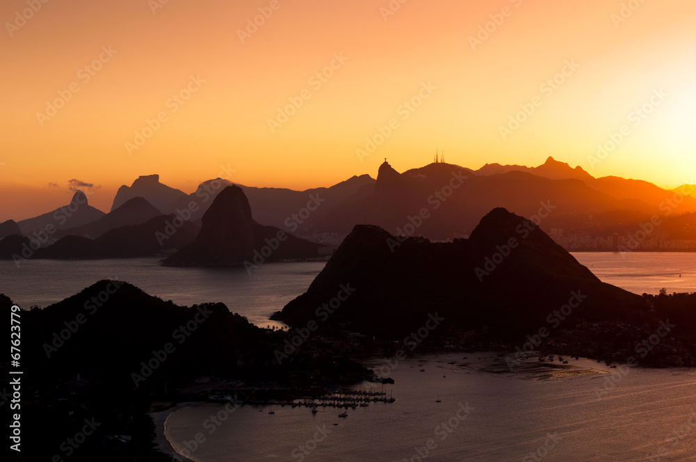 Rio de Janeiro Mountains by Sunset from City Park in Niteroi