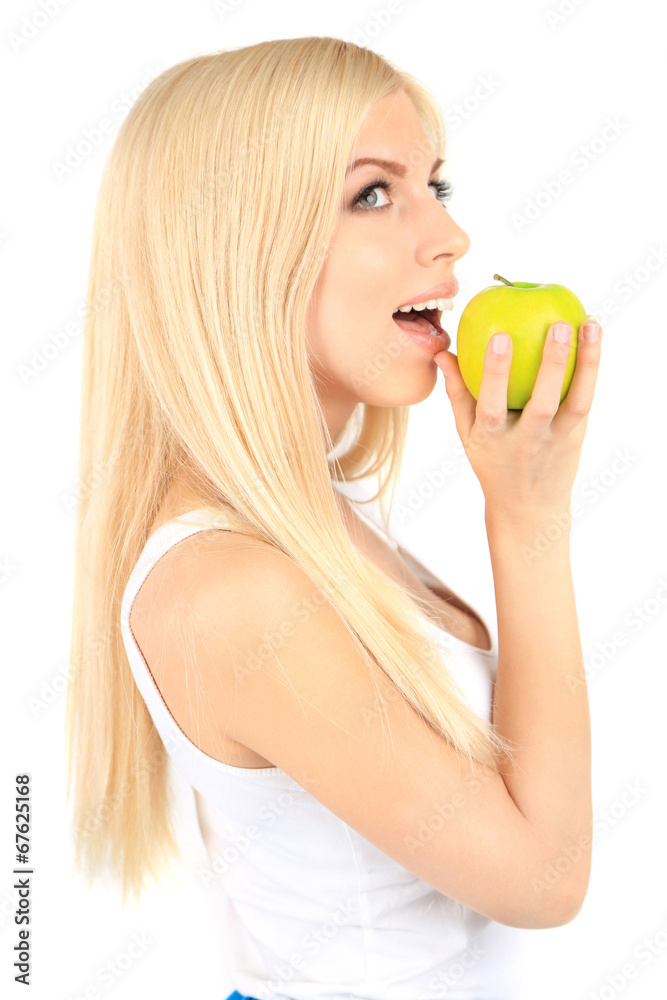 Young beautiful woman with apple isolated on white Young beautiful woman with apple isolated on white