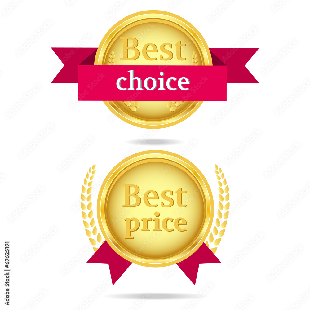 est choice and Best price gold vector icons with red ribbons. est choice and Best price gold vector icons with red ribbons.
