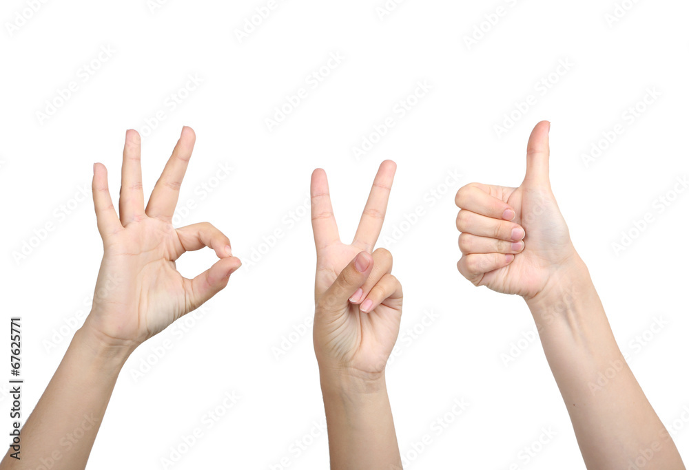 People show different signs of hands isolated on white People show different signs of hands isolated on white