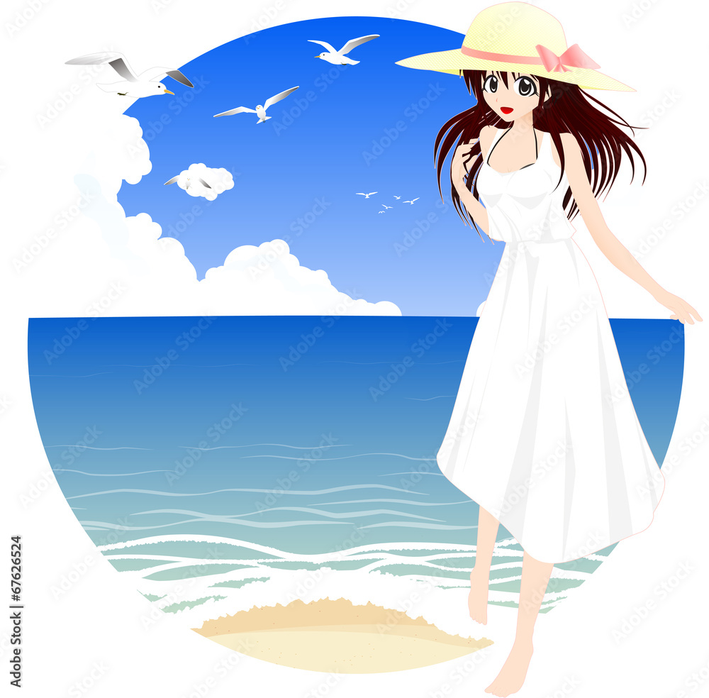 海辺と麦わら帽子の女の子 Stock イラスト Adobe Stock