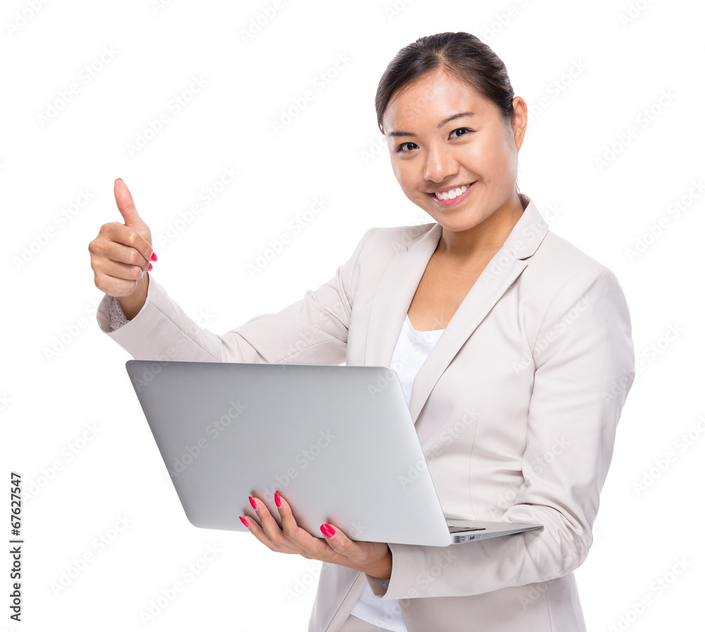 Business woman with laptop computer and thumb up Business woman with laptop computer and thumb up