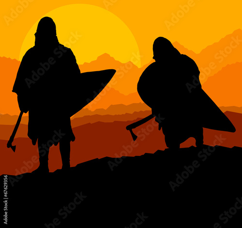 Medieval warrior, crusader vector background landscape