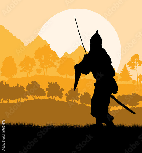 Medieval warrior, crusader vector background landscape