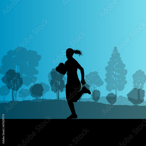 Woman rugby silhouette in countryside nature background illustra