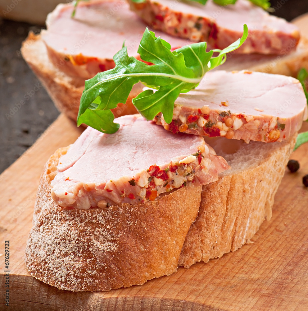 Ham sandwich decorated leaf arugula Ham sandwich decorated leaf arugula