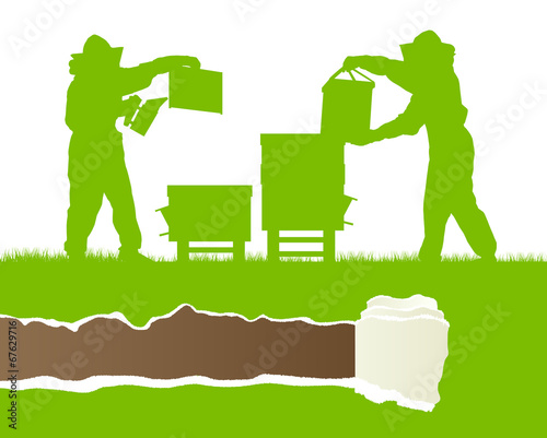 Beekeepers working in apiary vector background ecology