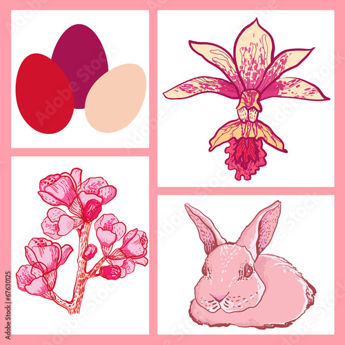 vector set of Easter rabbit, eggs, spring flowers