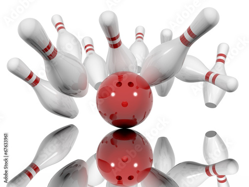 Fototapeta Ball crashing into the bowling pins