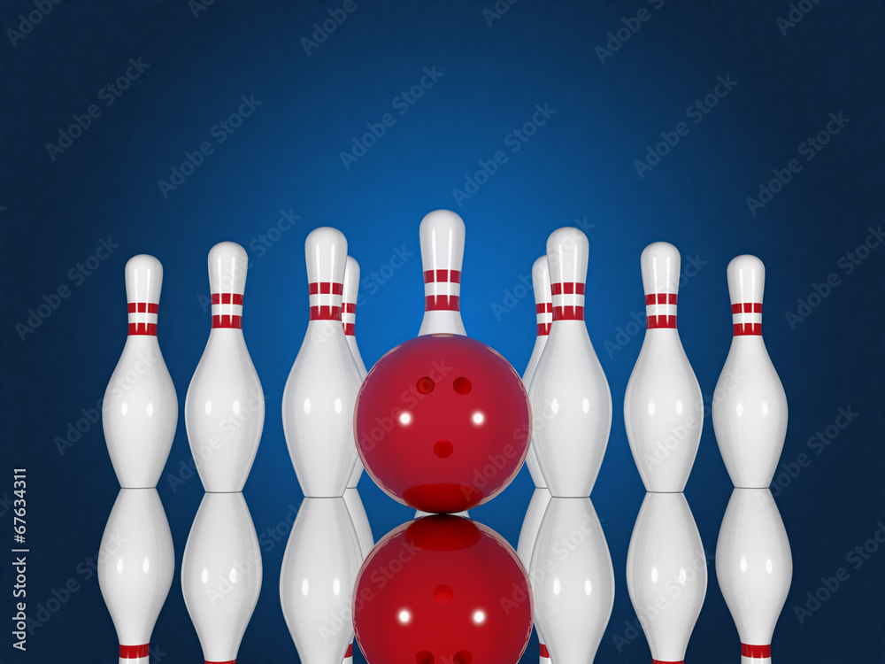 Bowling pins and ball on a blue background Bowling pins and ball on a blue background
