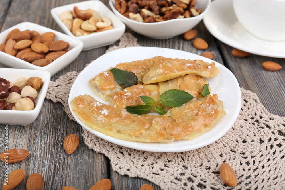 Sweetened fried banana on plate, close-up Sweetened fried banana on plate, close-up