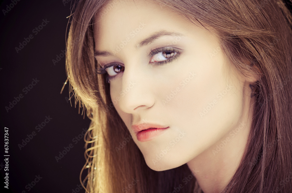 Beautiful Brunette Girl Portrait over Dark Background. Beautiful Brunette Girl Portrait over Dark Background.