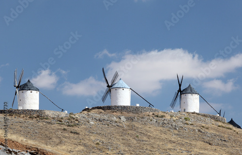 Three traditional windmills in Castilla-La Mancha, Spain