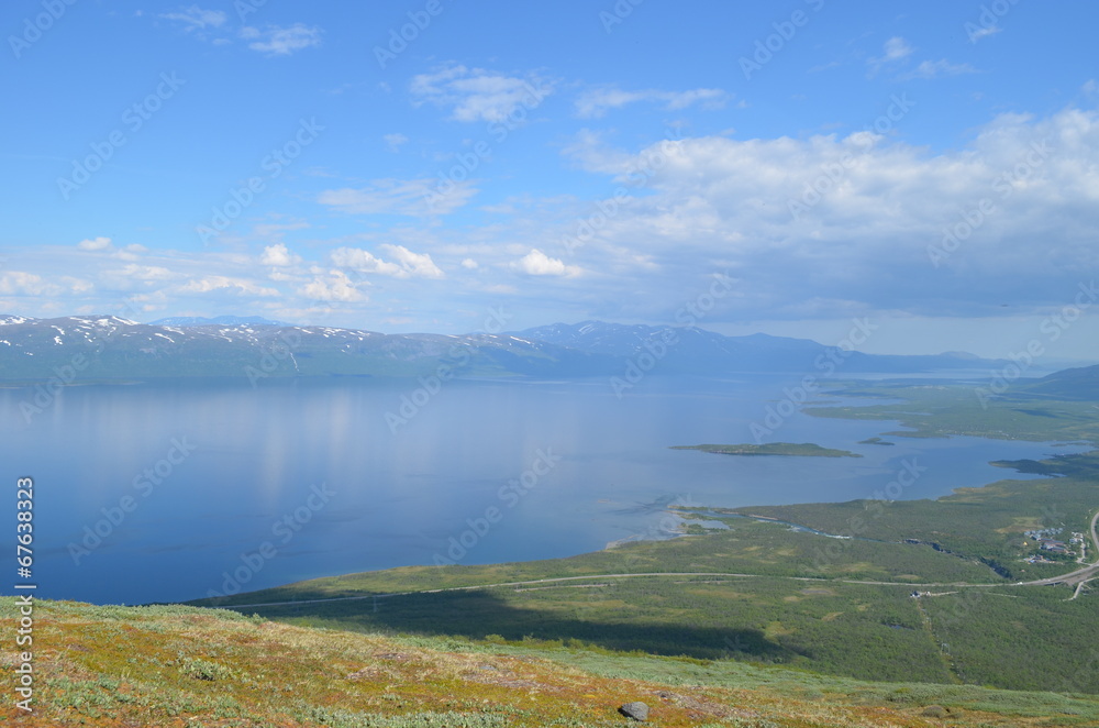View from mountain Nuolja on Abisko valley and Torneträsk lake
