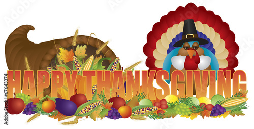 Happy Thanksgiving Text with Cornucopia Pilgrim Turkey