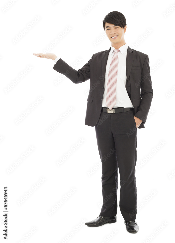 businessman with welcome and showing gesture businessman with welcome and showing gesture