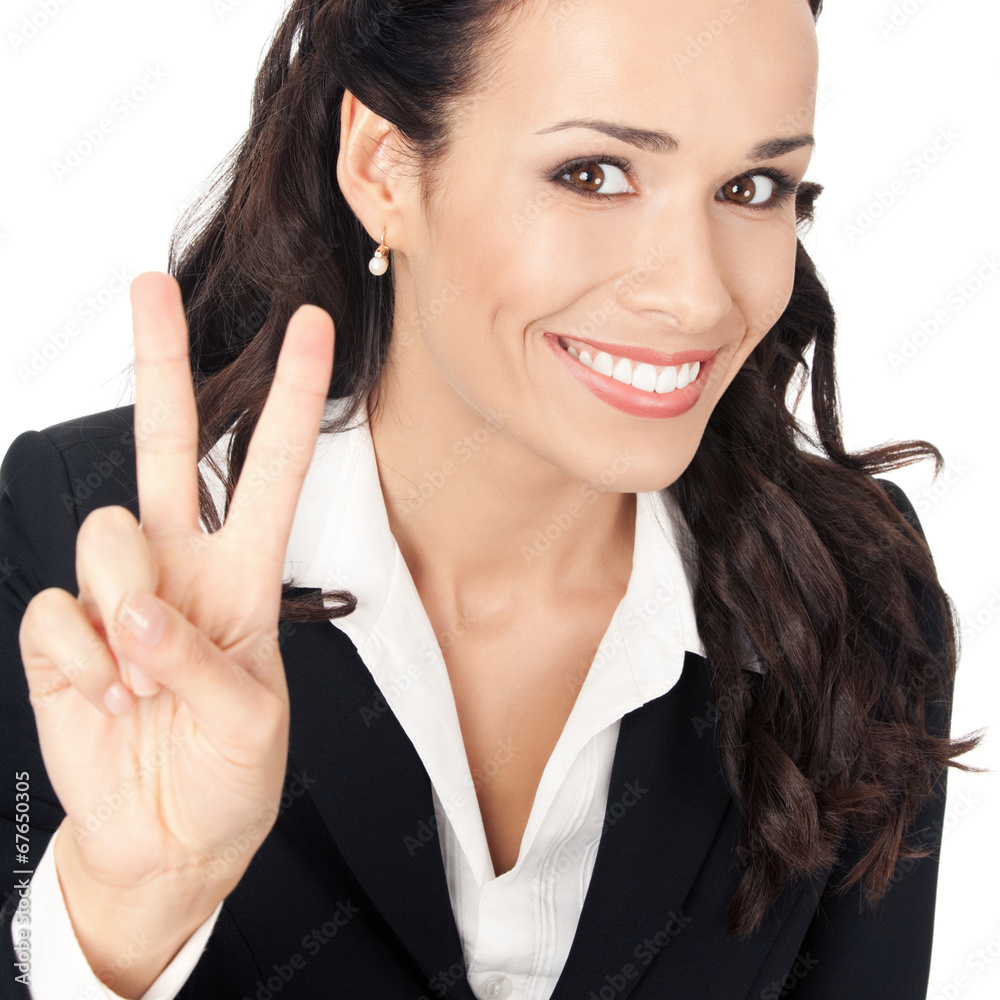 Businesswoman showing two fingers, on white Businesswoman showing two fingers, on white
