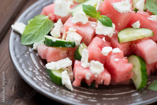Close-up of watermelon, cucumber and feta cheese salad