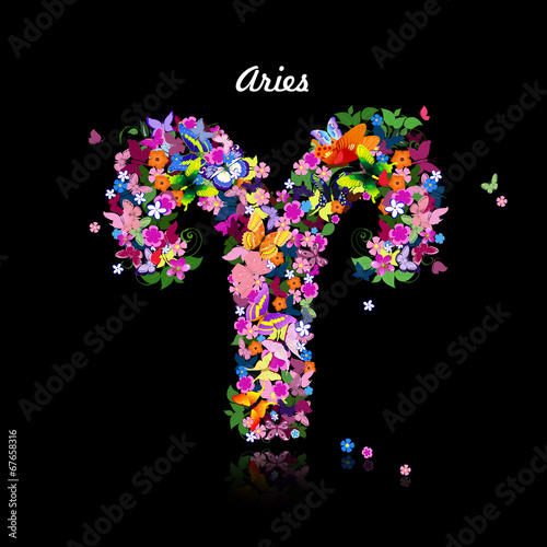 Pattern with butterflies, cute zodiac sign aries
