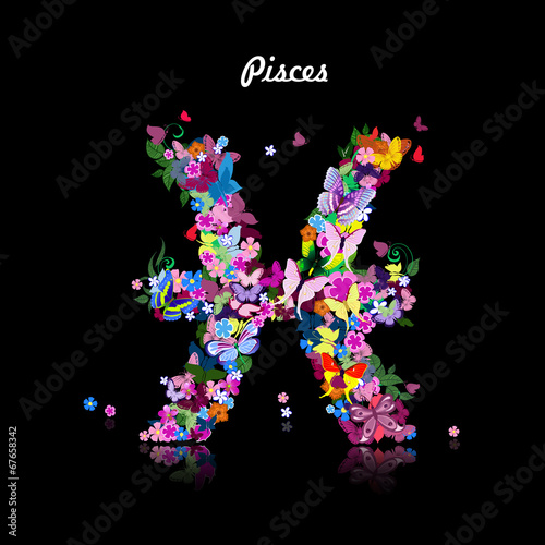 Pattern with butterflies, cute zodiac sign pisces