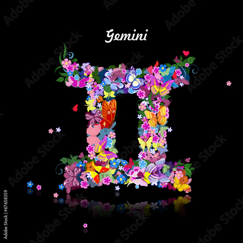 Pattern with butterflies, cute zodiac sign - gemini
