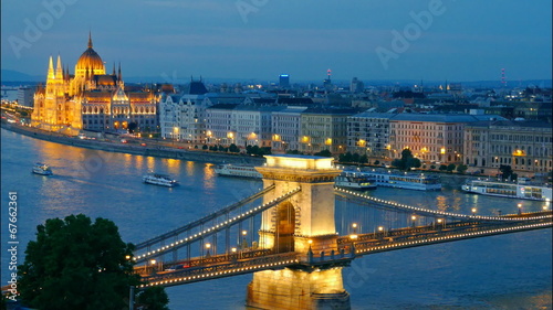Budapest, Hungary. Chain Bridge and the Parliament. Time lapse