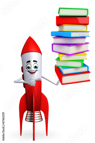 Rocket character with pile of books