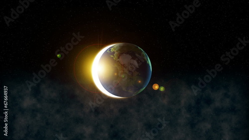 Earth in universe with reflection and small objects around photo