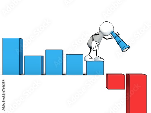 little sketchy man with spyglass looking down negative bar chart