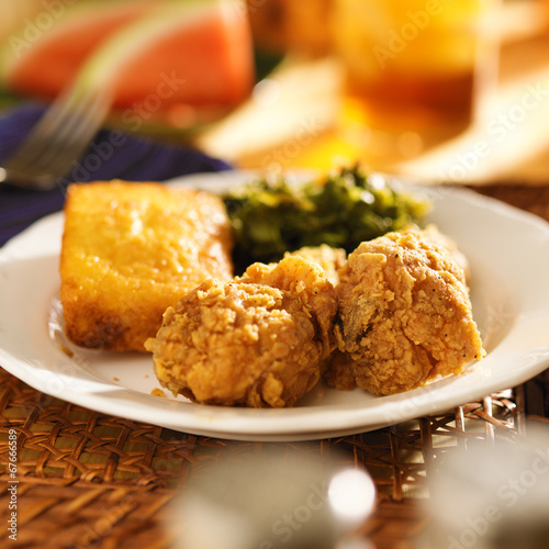 soul food - fried chicken with collard greens and corn bread