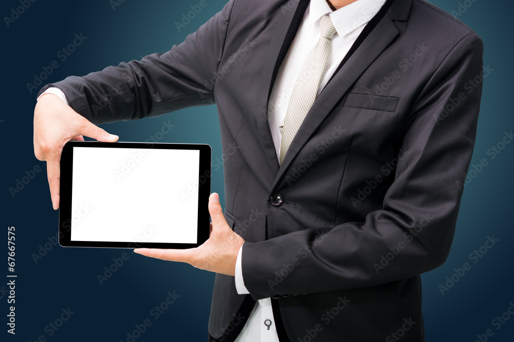Businessman standing posture hand holding blank tablet isolated Businessman standing posture hand holding blank tablet isolated