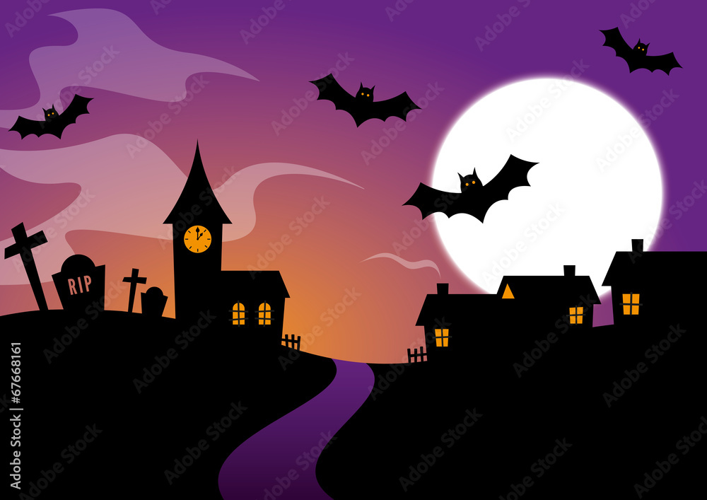 Halloween Design with bats and a graveyard