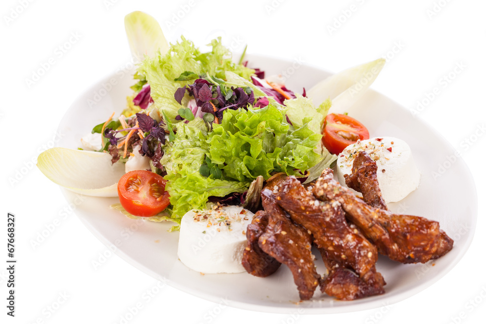 grilled beef stripes fresh salad and goat cheese