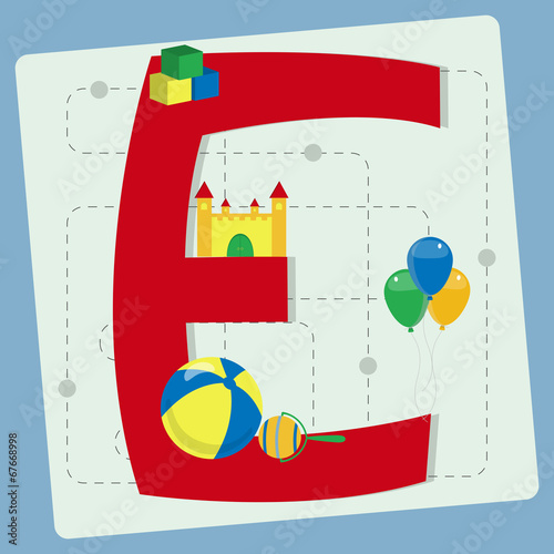 Letter "e" from stylized alphabet with children's toys