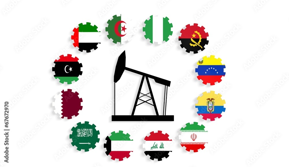 opec countries flags on gears and derrick model in center