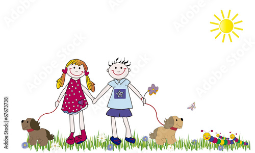 Pareja de niños, perros y ciempiés