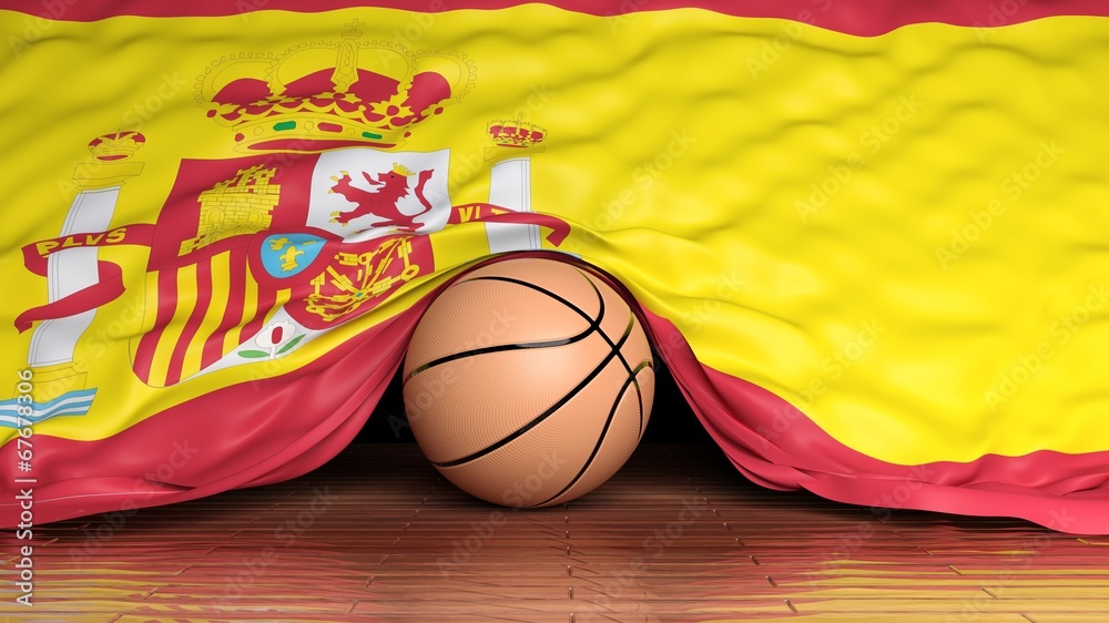 Basketball ball with flag of Spain on parquet floor - obrazy, fototapety, plakaty 