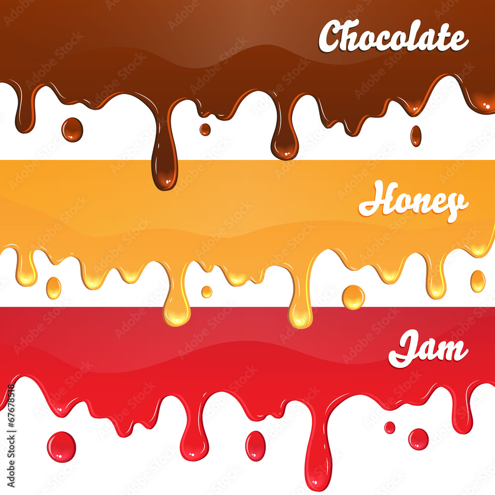 Chocolate, honey, jam drips on white background Chocolate, honey, jam drips on white background